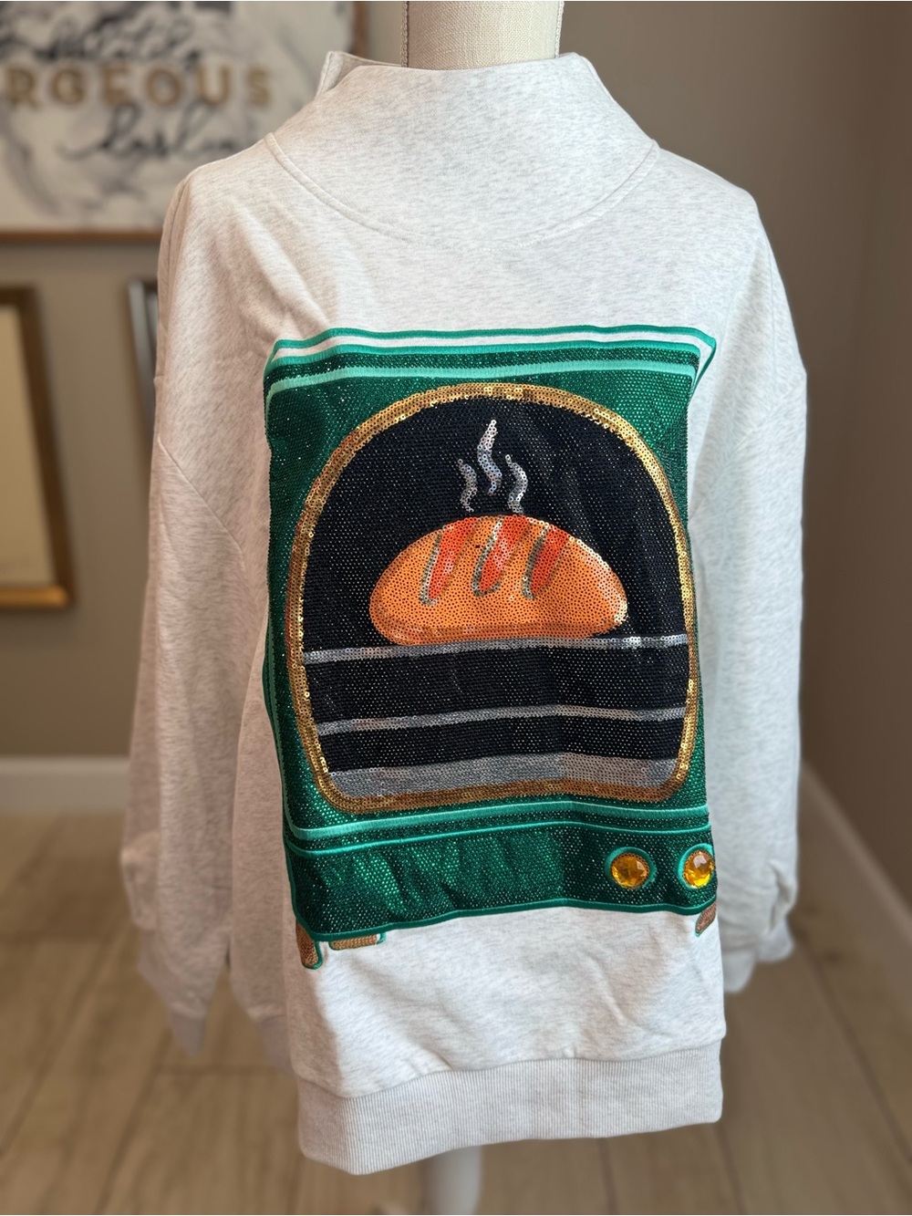 NWT! QUEEN OF SPARKLES Gray Bun In The Oven Mock Neck Sweatshirt